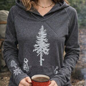 Hand-Printed Forest Hoodie – Evergreen Tree & Mushroom Design – Charcoal Gray, S